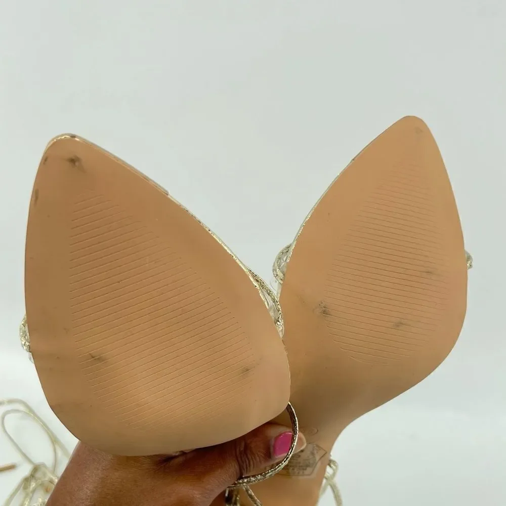 Azalea Wang Gold Clear Strap Lace Up Stiletto Heels Embossed Wrap Sandals 8.5